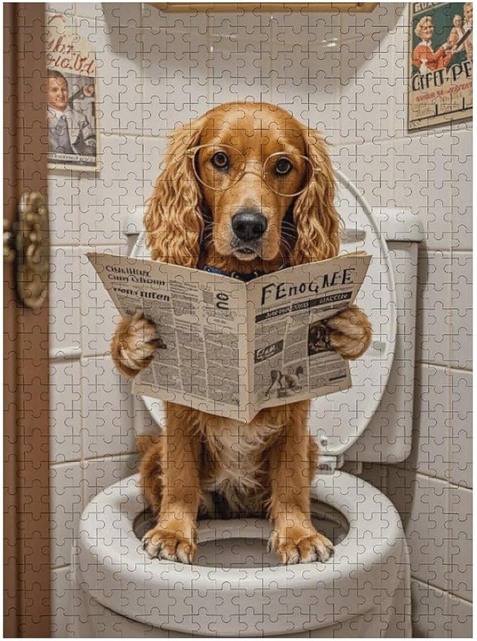 Funny Wooden Puzzle - Goldendoodle on Toilet Reading Newspaper Puzzle for Adult 500 Piece，Wooden Jigsaw Puzzles Art Leisure Game Fun Suitable Family Friends Educational Learning Games Gift