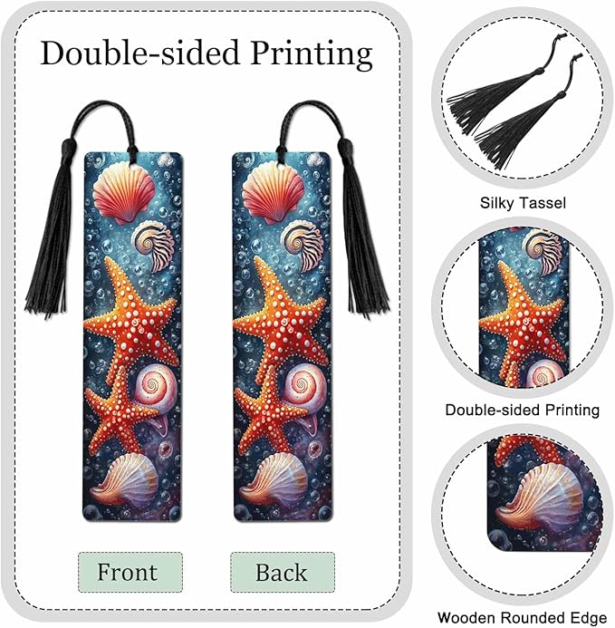 Shells Starfish Bookmarks Set 5 with Tassels Beautiful Sea Bubbles Nature Theme Wooden Bookmarks for Reading Women Men Students Teachers School Supplies