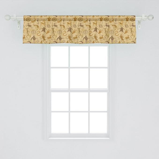 Ambesonne Ethnic Boho Window Valance Pack of 2, Shepherds Cave Animals and Hunters Plentifulness Print Prehistoric, Rod Pocket Curtain Valances for Kitchen Bedroom, 42" X 12", Pale Coffee and Caramel