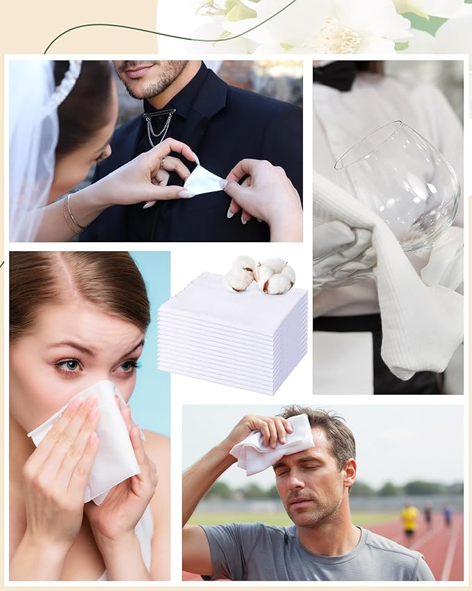 Kinlop Scalloped White Handkerchiefs for Women Men Bulk Cotton Hankies Pocket for Shower Gift Wedding Party Favor