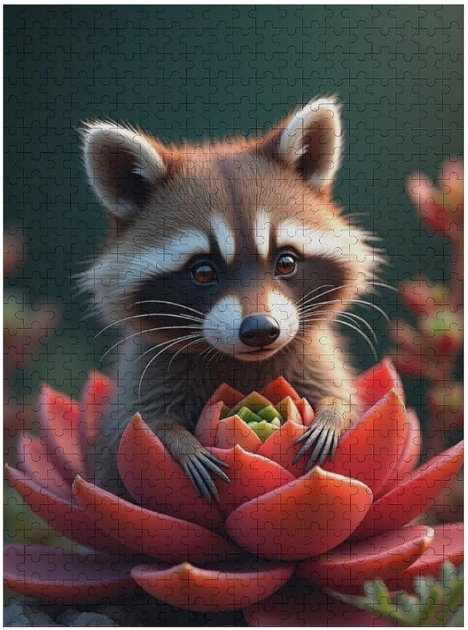 Puzzles for Adults 500 Pieces Wooden Jigsaw Puzzle - Succulent & Cute Raccoon Theme Puzzle，Party Games，Family Toys，Educational Puzzles，Stress Relief Wooden Puzzle，Gifts for Family and Friends