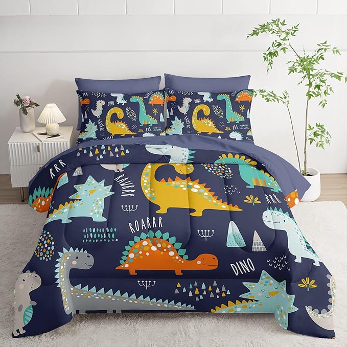 7Pcs Comforter Set Cartoon Dinosaur Printed Bedding Set with 1 Comforter, 1 Flat Sheet, 1 Fitted Sheet and 4 Pillowcases for Boys and Girls Bedroom All Season(Full)
