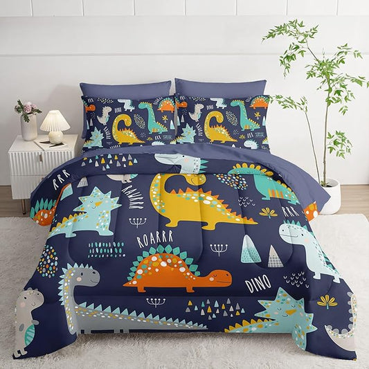 7Pcs Comforter Set Cartoon Dinosaur Printed Bedding Set with 1 Comforter, 1 Flat Sheet, 1 Fitted Sheet and 4 Pillowcases for Boys and Girls Bedroom All Season(Twin)
