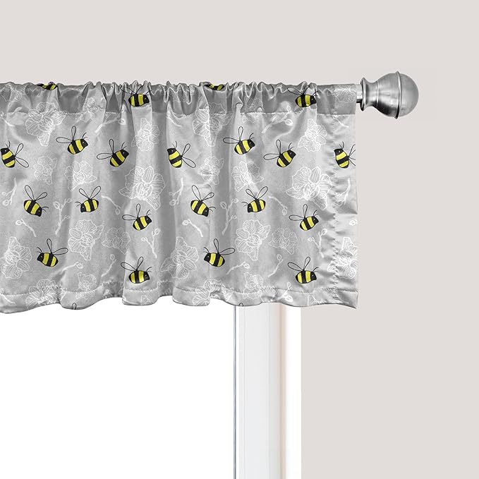 Ambesonne Entomology Window Valance, Print of Bumblebee Buzzing Around Orchids, Curtain Valance for Kitchen Bedroom Decor with Rod Pocket, 42" x 12", Yellow Charcoal