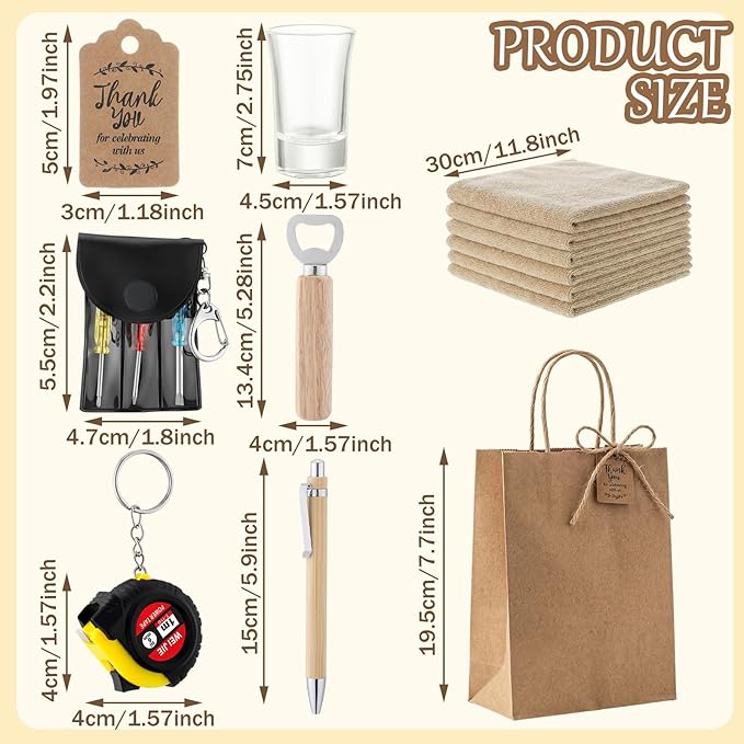 Leinuosen 6 Set Kraft Baby Shower Game Prizes for Men Baby Shower Guest Gifts for Winners with Cleaning Cloth Bottle Opener Screwdriver Tape Measuring Keychain Multi Tool Pen Kraft Gift Bags