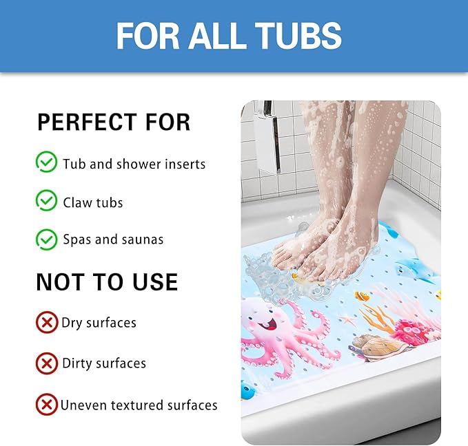 Kids Bath Mat with Ocean Theme Design, 40x16 inches, Non-Slip with 200 Suction Cups, Cartoon Sea Animals Pattern (Octopus, 40 * 16in)