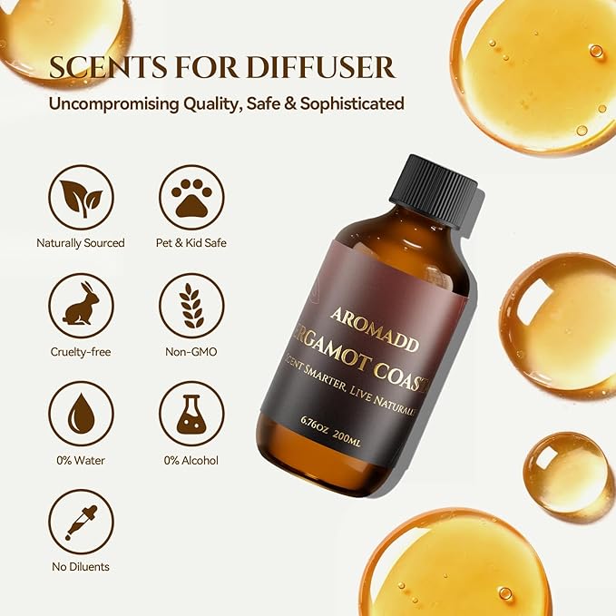 Bergamot Coastal Diffuser Oil Inspired by Luxury Hotel Scent 6.76 Fl Oz (200ml), Aroma Diffuser & Hotel Fragrance Diffuser Oil, Essential Oil Diffuser for Aromatherapy, Long-Lasting