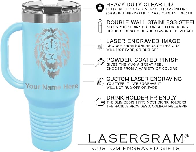 LaserGram 40oz Vacuum Insulated Travel Mug with Handle, Starfish, Personalized Engraving Included (Light Blue)