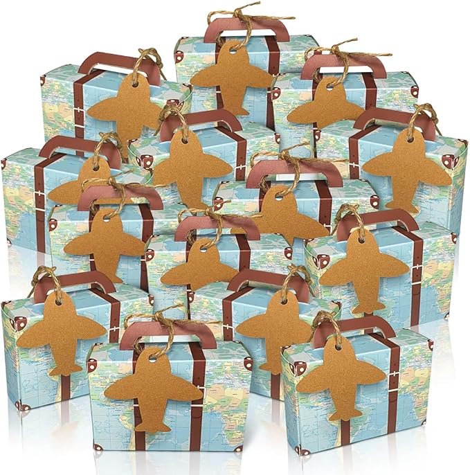 100Pcs Party Favor Candy Box, World Map Mini Suitcase Favor Box, Vintage Kraft Paper with Tags and Burlap Twine for Travel Themed Party, Bridal Shower, Wedding Decorations