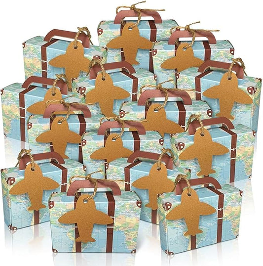 100Pcs Party Favor Candy Box, World Map Mini Suitcase Favor Box, Vintage Kraft Paper with Tags and Burlap Twine for Travel Themed Party, Bridal Shower, Wedding Decorations