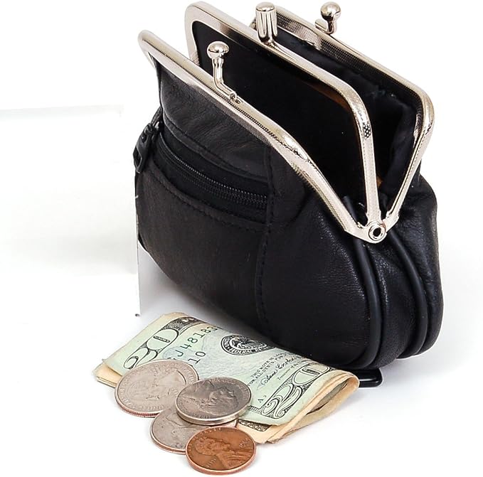 Womens Leather Mini Wallet ID Credit Cards Cash Coin Holder Case Organizer Puse with Framed & Zipper Closures - Black