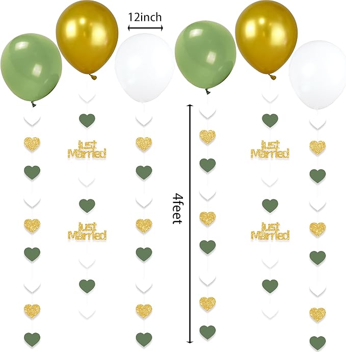 Sage Green Just Married Wedding Party Decorations Gold/Green/White Heart Just Married Garland and Balloons for Wedding Bridal Shower Party