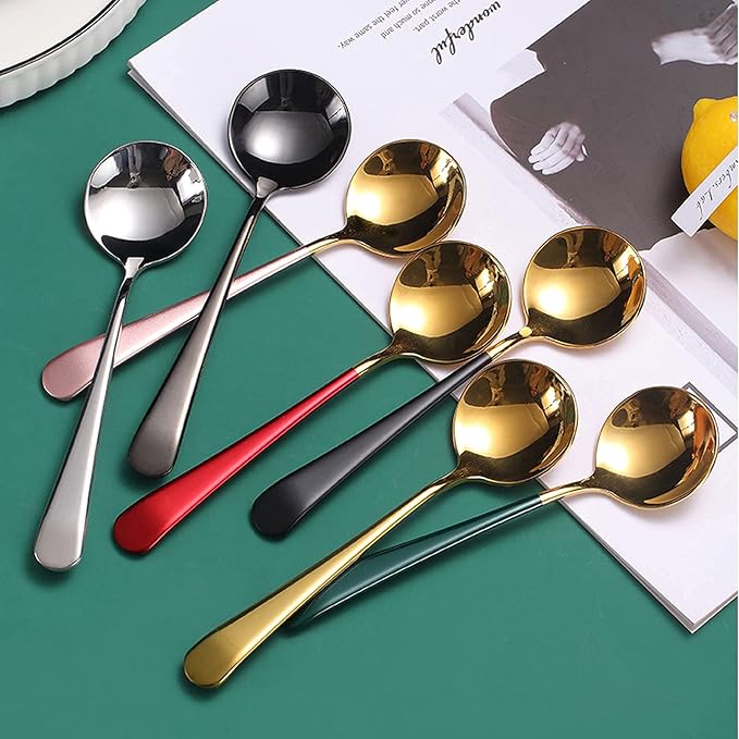 Metal Soup Spoons,Stainless Steel Spoons for Soup Round Colorful Dinner Spoons Thick Short handle Table Spoon 6.3-Inch, Set of 6 (Black)