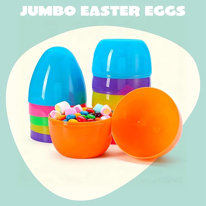 JOYIN 6 PCS 8" Jumbo Plastic Easter Eggs, Colorful Easter Fillable Eggs For Easter Theme Party Supplies, Easter Eggs Hunt, Basket Stuffers Fillers, Classroom Prize Supplies Toy