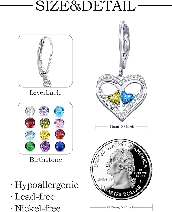 Heart Leverback Earrings Double Birthstone Dangle Earrings for Women, Love Jewelry for Her, Christmas Gifts for Women, Anniversary Birthday Gift for Mom Wife Girlfriend