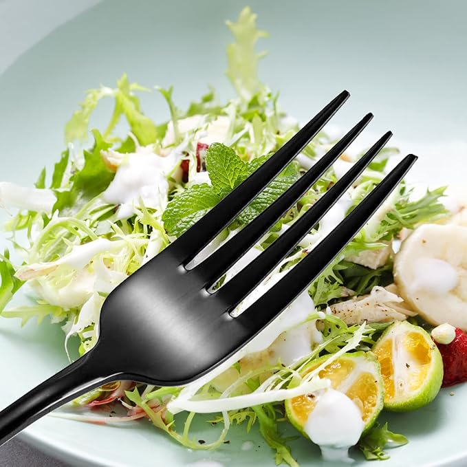Black Spoons and Forks Set, Set of 16 Top Food Grade Stainless Steel Forks and Spoons Silverware Set, Kitchen Accessories Cutlery Set, Mirror Finish