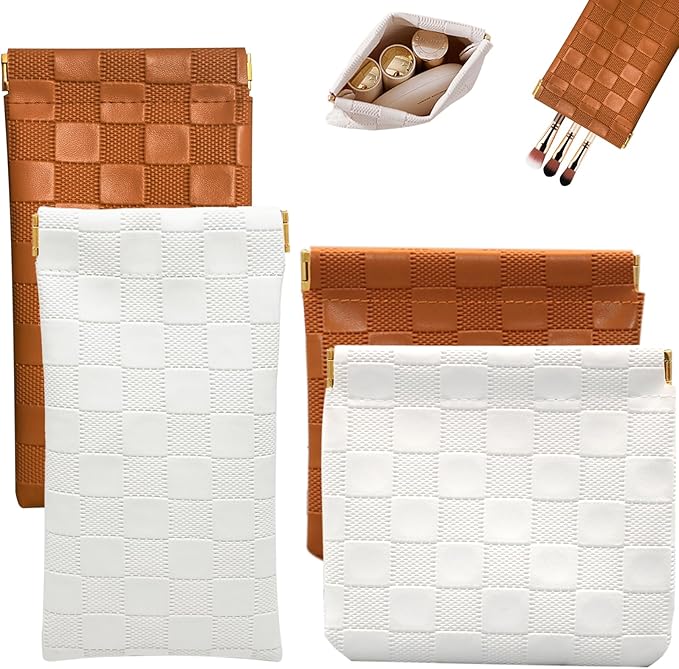 4PCS Small Makeup Bag for Purse, Mini Leather Pocket Cosmetic Bag for Women, Waterproof Portable Makeup Pouch No Zipper Coin Purse Lipstick Bag Accessories, Checkered Travel Storage Bag(White, Brown)