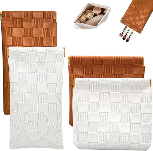 4PCS Small Makeup Bag for Purse, Mini Leather Pocket Cosmetic Bag for Women, Waterproof Portable Makeup Pouch No Zipper Coin Purse Lipstick Bag Accessories, Checkered Travel Storage Bag(White, Brown)