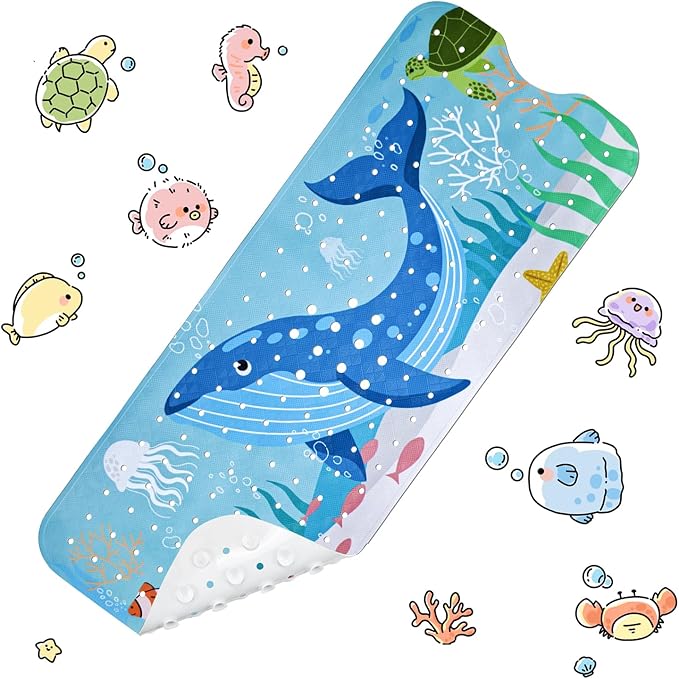 Vanleonet Baby Bathtub Mat Non Slip, 40''x16'' Bathtub Mat for Kids, Cartoon Tub Mats Non Slip with Suction Cups & Drain Holes, Machine Washable, Whale, Sea Turtle