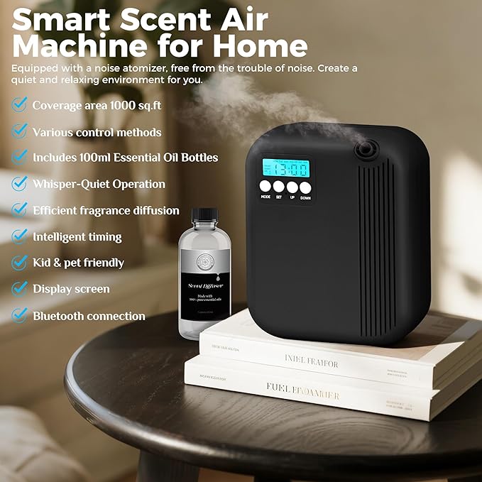 Hotel Collection Diffuser, House Scent Machine, 3000 Sq.Ft of Coverage, 200ml Large Capacity Aromatherapy Machine, Scent Diffusers for Home Large Room, Office Waterless Essential Oil Diffuser, Black