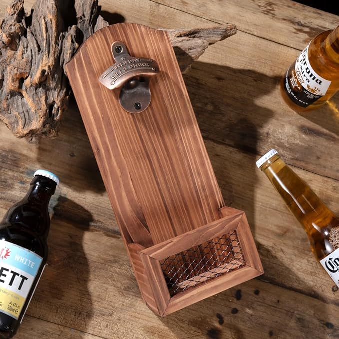 Bottle Opener with Cap Collector Catcher,Vintage Wooden Wall Mounted Bottle Opener，Ideal Gift for Men and Beer Lovers, Use as Bar Decoration (Beer Day)