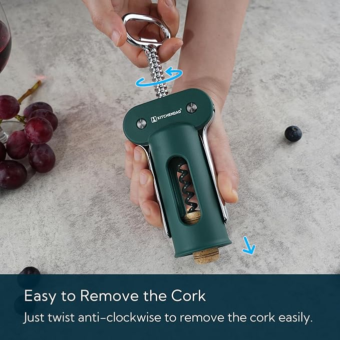 KITCHENDAO 3 in 1 Wing Corkscrew Wine Bottle Opener with Foil Cutter, Built-in Beer Bottle Opener, Multifunctional Wine Opener with Non-Stick Sharp Screw, Easy to Use, Manual Wine Corkscrew, Green