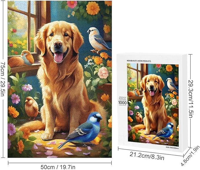 Wooden Puzzle - Garden Golden Retriever Jigsaw Puzzles，Wooden Puzzles for Adults 1000 Pieces Challenge Puzzles，Educational Games，Family Puzzles，Unique Gifts for Wall Art