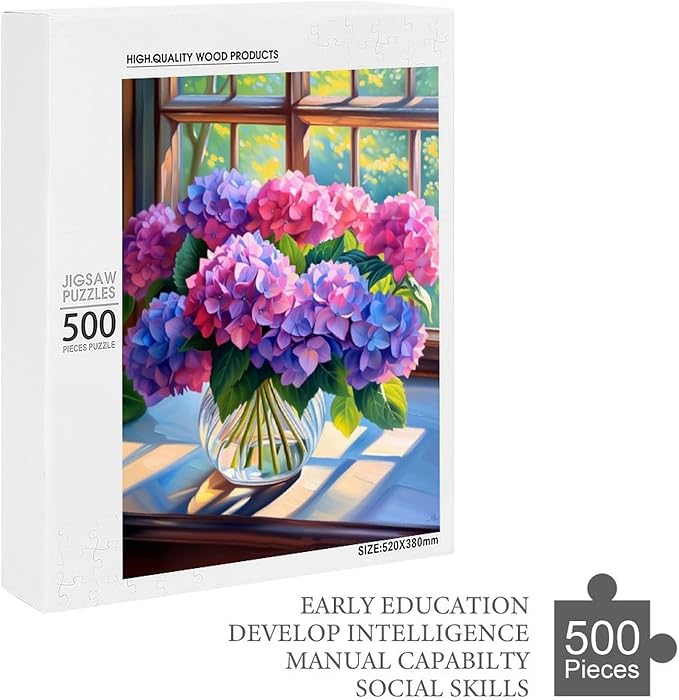 Puzzles for Adults 500 Pieces Wooden Jigsaw Puzzle - Hydrangea Bouquet Theme Puzzle，Party Games，Family Toys，Educational Puzzles，Stress Relief Wooden Puzzle，Gifts for Family，Colleagues and Friends
