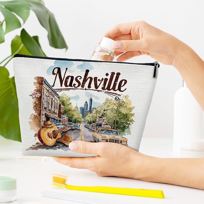 Nashville Travelling Gifts Makeup Bag, Watercolor Gift, Nashville Souvenir, Travel Cosmetic Bag for Purse, Trip Favors for Traveller, Travelling Lovers, City Themed Organizer