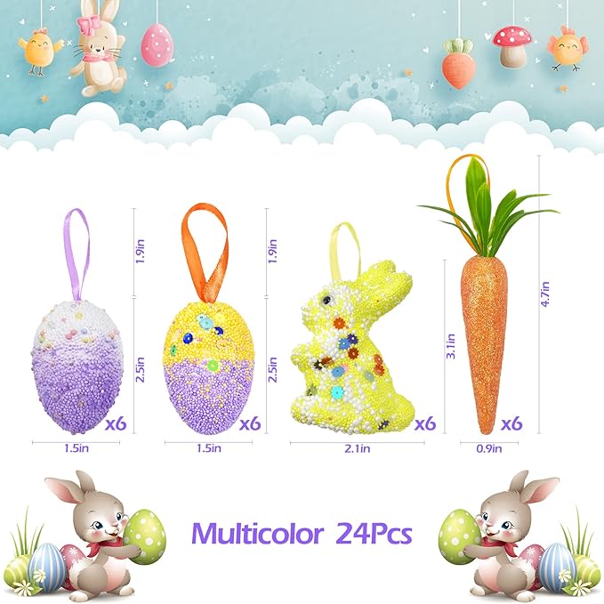 24 Pack Easter Egg Ornament Easter Colorful Rabbit Carrot Eggs Foam Easter Tree Decoration for Easter Spring Party