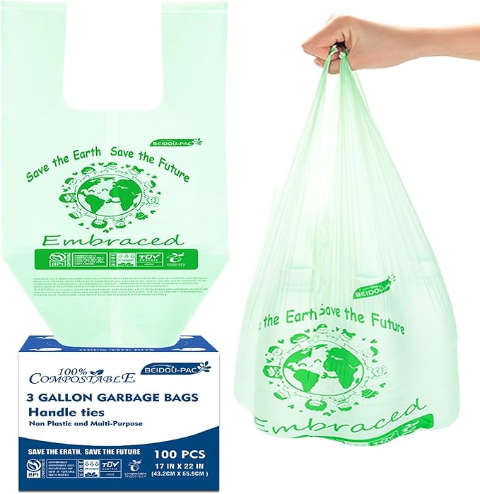 BEIDOU-PAC 100% Compostable Trash Bags, 3 Gallon Compost Bags Small Kitchen Trash Bags with Handle, 100 Count Sturdy Biodegradable Garbage Bags Food Scrap Waste Bags, ASTM D6400, US BPI Certified