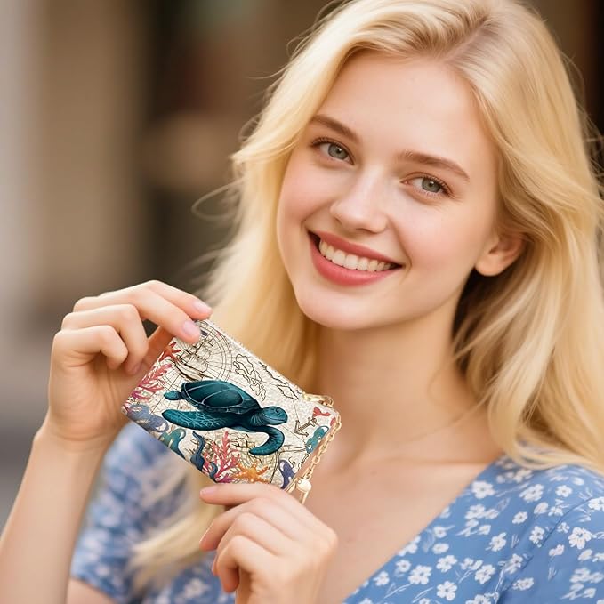 Sea Turtle Keychain Coin Purse for Women, Small PU Leather Change Pouch, Zipper Little Tiny Travel Wallet for Girls, Cute Kawaii Zip Pocket Coin Holder with Key Ring