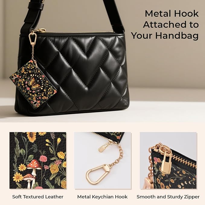 Butterfly Moon Keychain Coin Purse for Women, Mushroom Floral Vintage Small PU Leather Change Pouch, Zipper Little Tiny Travel Wallet for Girls, Cute Zip Pocket Coin Holder with Key Ring