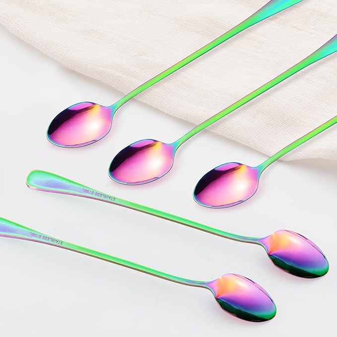 8 Pcs Long Handle Spoons,Satainless Steel Tea Spoons,Ice Cream Spoon,Long Coffee Spoon for Mixing Cocktail Stirring Tea Cold Drink Milkshake Dessert (Colorful)