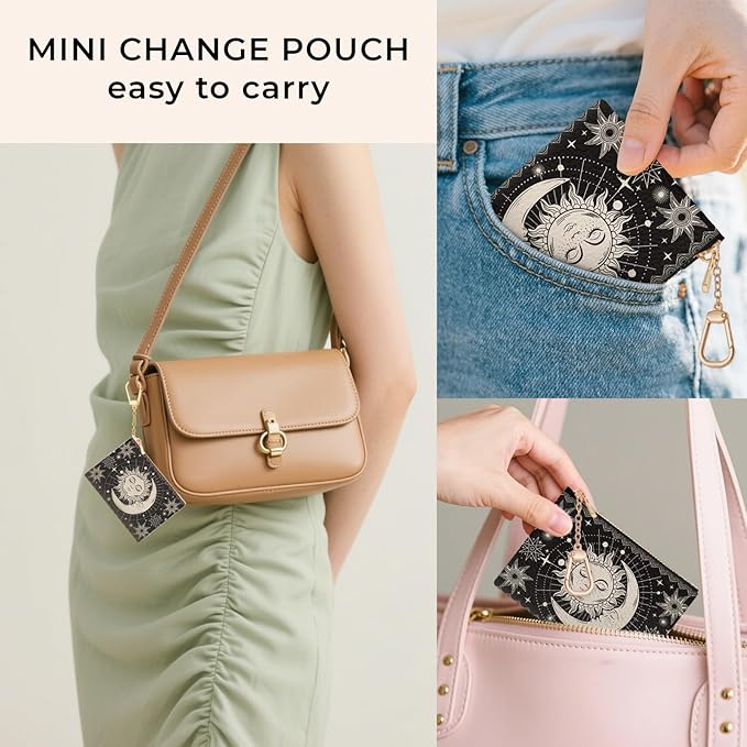 Sun Moon Keychain Coin Purse for Women, Small PU Leather Change Pouch, Zipper Little Tiny Travel Wallet for Girls, Cute Kawaii Zip Pocket Coin Holder with Key Ring