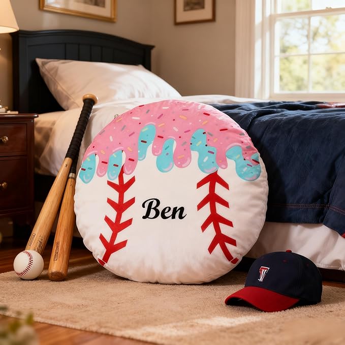 Personalized Name Baseball Ice Cream Drip Pillow Custom Name Baseball Pillow for Boys Girls Customized Gifts for Sport Fans Kids Birthday Sports Gift