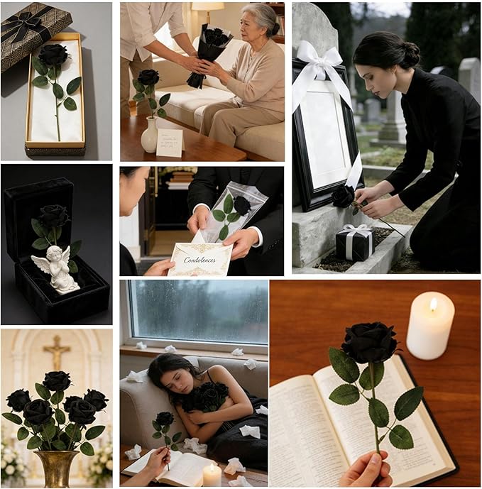 Roses Artificial Flowers, Black Flowers with Stem Valentine Anniversary Sympathy Memorial Gift, Fake Silk Roses Indoor Outdoor Decor for Funeral Wedding Birthday Party Christmas Halloween(24, Black)