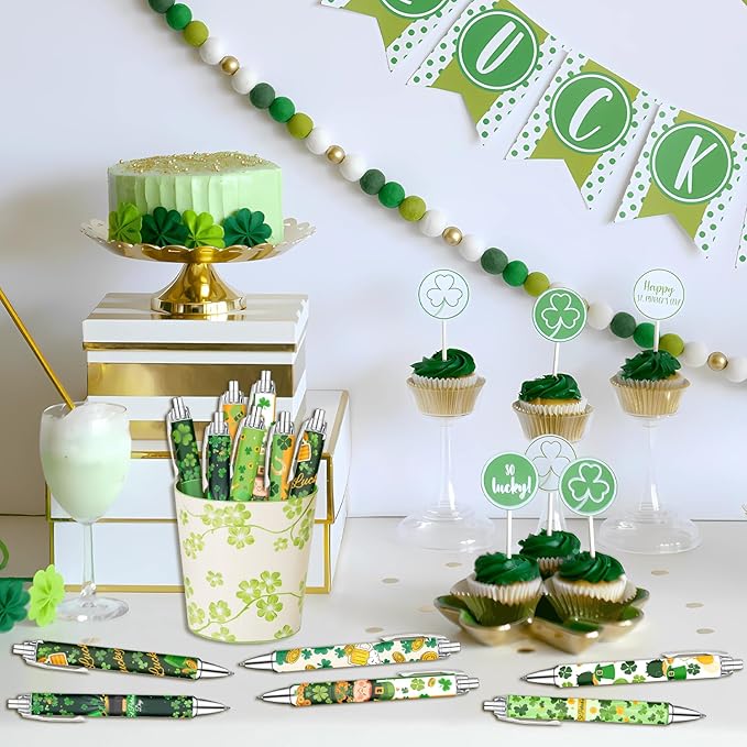 Idealmuzik Green Theme Ballpoint Pens Set of 10 – Shamrock & Lucky Clover Design with Smooth Black Ink – St. Patrick’s Day Inspired Pens for Office, Home, Party Favors, and Gifts