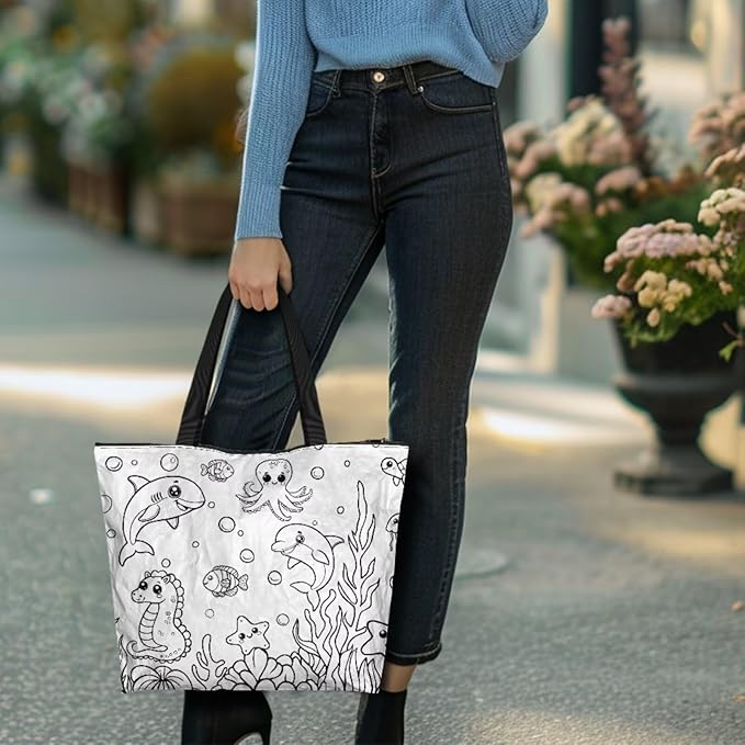 Cartoon Animal Printed DIY Coloring Tote Bag Waterproof Paper Handbags for Women Large Travel Shoulder Bags Purses