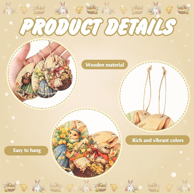 Yookeer 36 Pcs Vantage Easter Wooden Ornaments Retro Easter Decorations for Tree Bunny Ornaments Egg Shape Wood Cutouts with Rope Bunny Mini Signs Hanging Spring Decoration for Small Tree Home Indoor