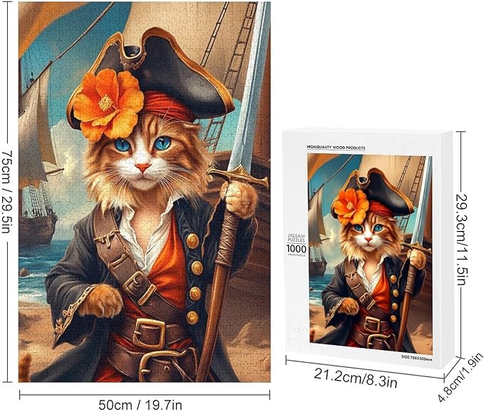 Wooden Puzzle - Classic Pirate Cat Leader Jigsaw Puzzles，Wooden Puzzles for Adults 1000 Pieces Challenge Puzzles，Educational Games，Family Puzzles，Unique Gifts for Wall Art
