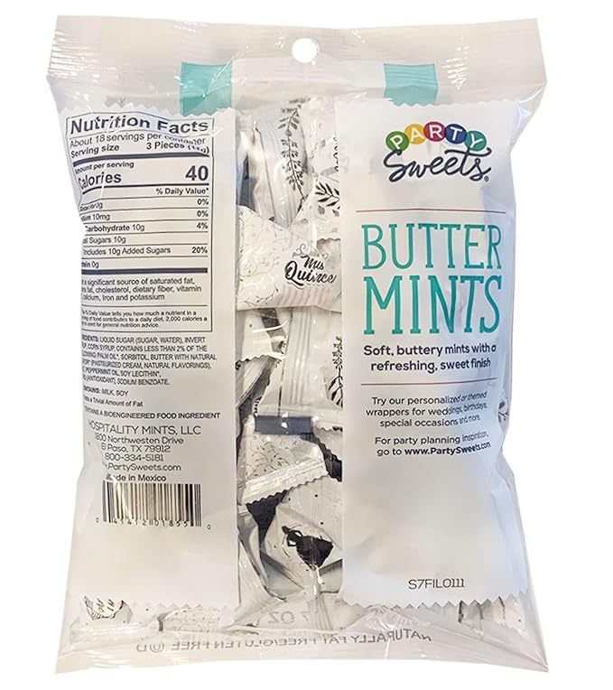 Party Sweets Quinceanera Themed Buttermints by Hospitality Mints, Individually Wrapped, 7 oz. Bag Pack of 6 (330 pieces), White Buttermints