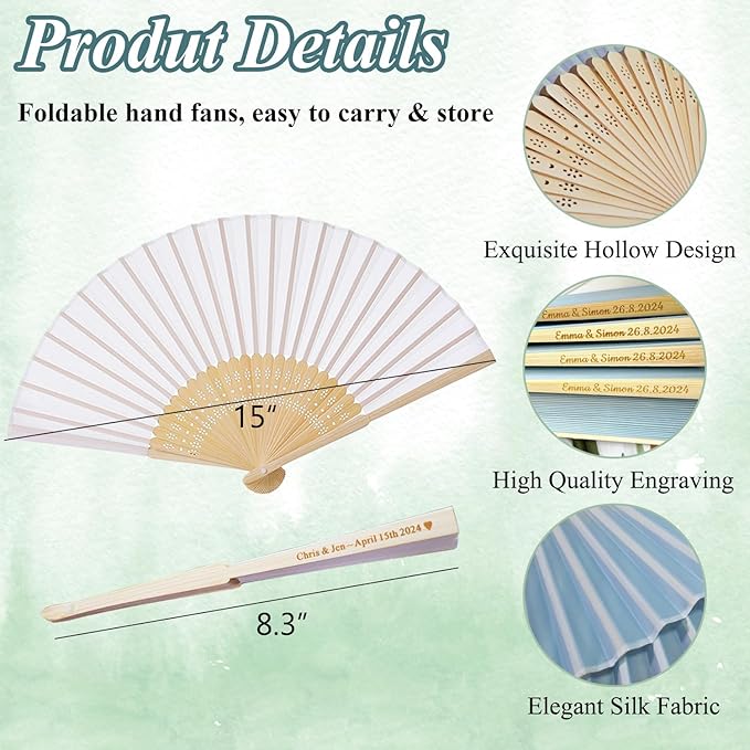 Personalized Engraved Silk Fans Folding Hand Fans 10 Pcs, Light Blue Summer Wedding Fans, Custom Imitated Silk-Bamboo Fans for Guests Wedding Party Favor Bridal Shower Gifts Party Decoration