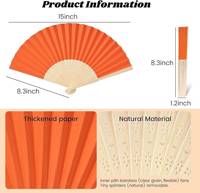 JOHOUSE 12 Packs Paper Folding Hand Fans, 8.3 Inch Orange Paper Fans Handheld Decorative Accessories for Wedding, Outdoor Party Favors, Bridal Shower DIY Decoration Photography Props