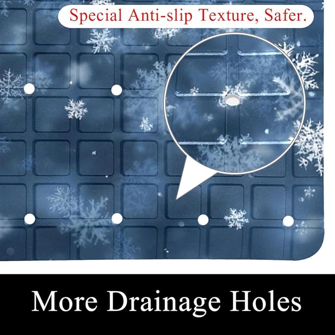 Bath Tub Mat Non Slip 15.1 x 26.8 Inch, Christmas Winter White Snowflakes Blue Background Eco Friendly Bathmat with Suction Cups Drain Holes Shower Tub Mats