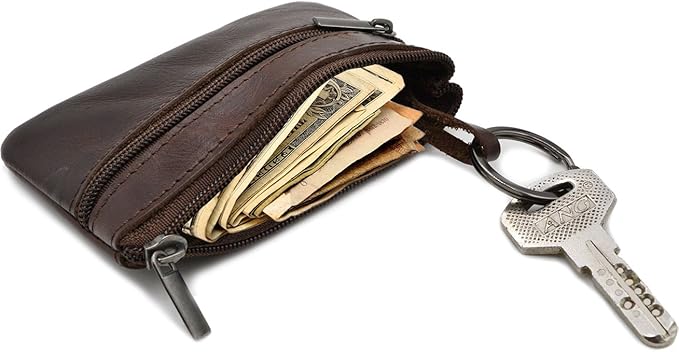 Multi-Functional Genuine Leather Wallet - Wine Red Compact Card Holder with 3 Zippers, Built-in Key Ring & Coin Purse for Travel (darkbrown)