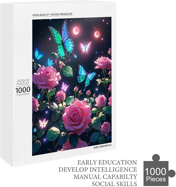 Wooden Puzzles 1000 Piece，Butterfly and Rose Themed Jigsaw Puzzles，Family Puzzles，Unique Gifts for Wall Art，Funny Puzzles，Stress Relief Games，Puzzle Games