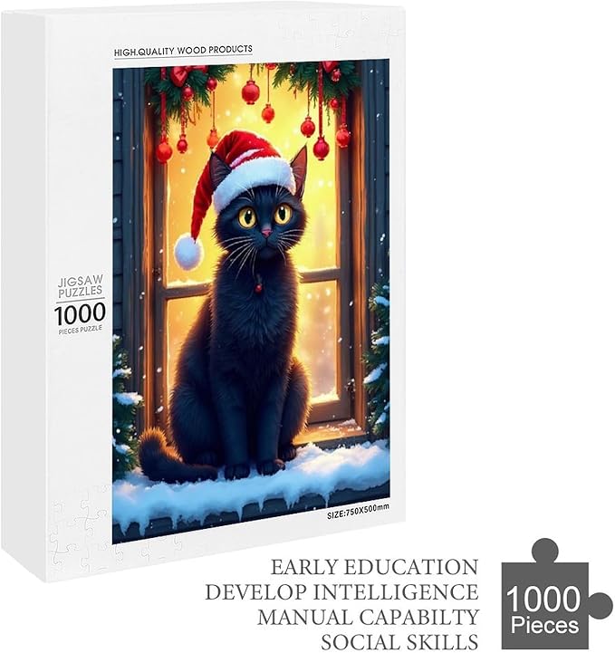 Jigsaw Puzzles for Adults 1000 Piece - Christmas Black Cat Wooden Puzzles, Funny Puzzles，Unique Gifts for Wall Art，Family Puzzles，Educational Games，Challenge Puzzles