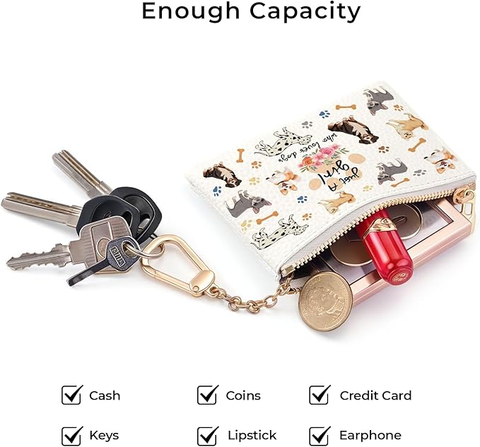 Cute Dogs Keychain Coin Purse for Women, Small PU Leather Change Pouch, Zipper Little Tiny Travel Wallet for Girls Puppy Lovers, Cute Kawaii Zip Pocket Coin Holder with Key Ring