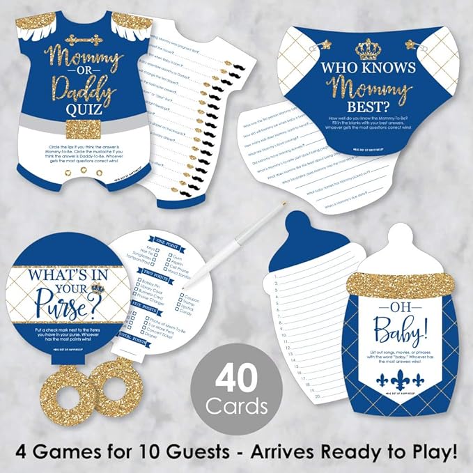Big Dot of Happiness Royal Prince Charming - 4 Baby Shower Games - 10 Cards Each - Who Knows Mommy Best, Mommy or Daddy Quiz, What’s in Your Purse and Oh Baby - Gamerific Bundle